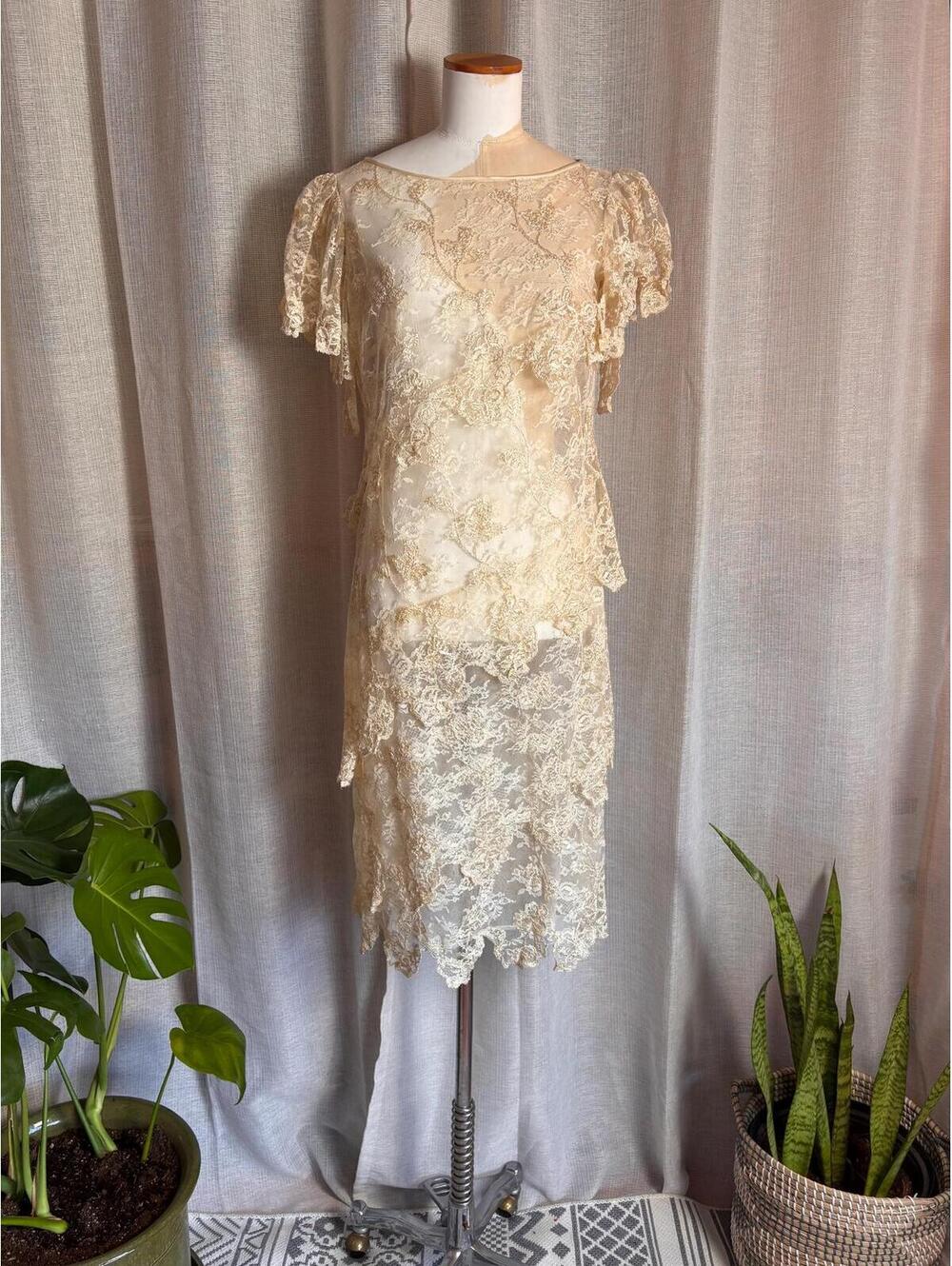 Vintage Cream Embroidered Lace Overlay Flutter Sleeve Midi Dress